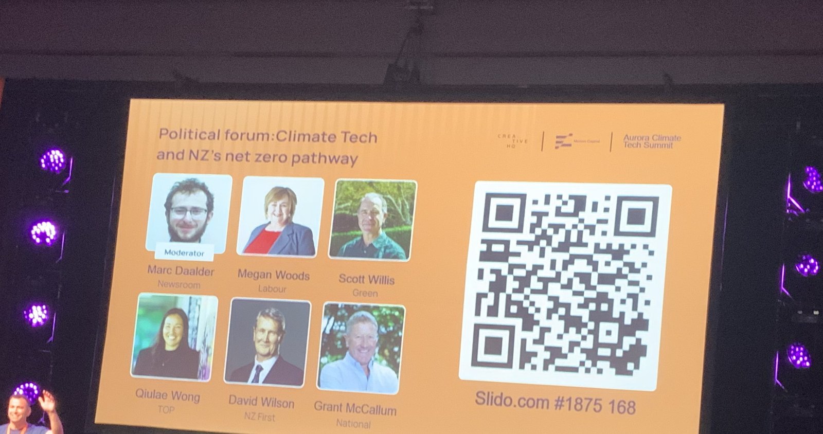 The line-up: moderator Marc Daalder (Newsroom) with Megan Woods (Labour), Scott Willis (Green), Qiulae Wong (TOP), David Wilson (NZ First) and Grant McCallum (National).