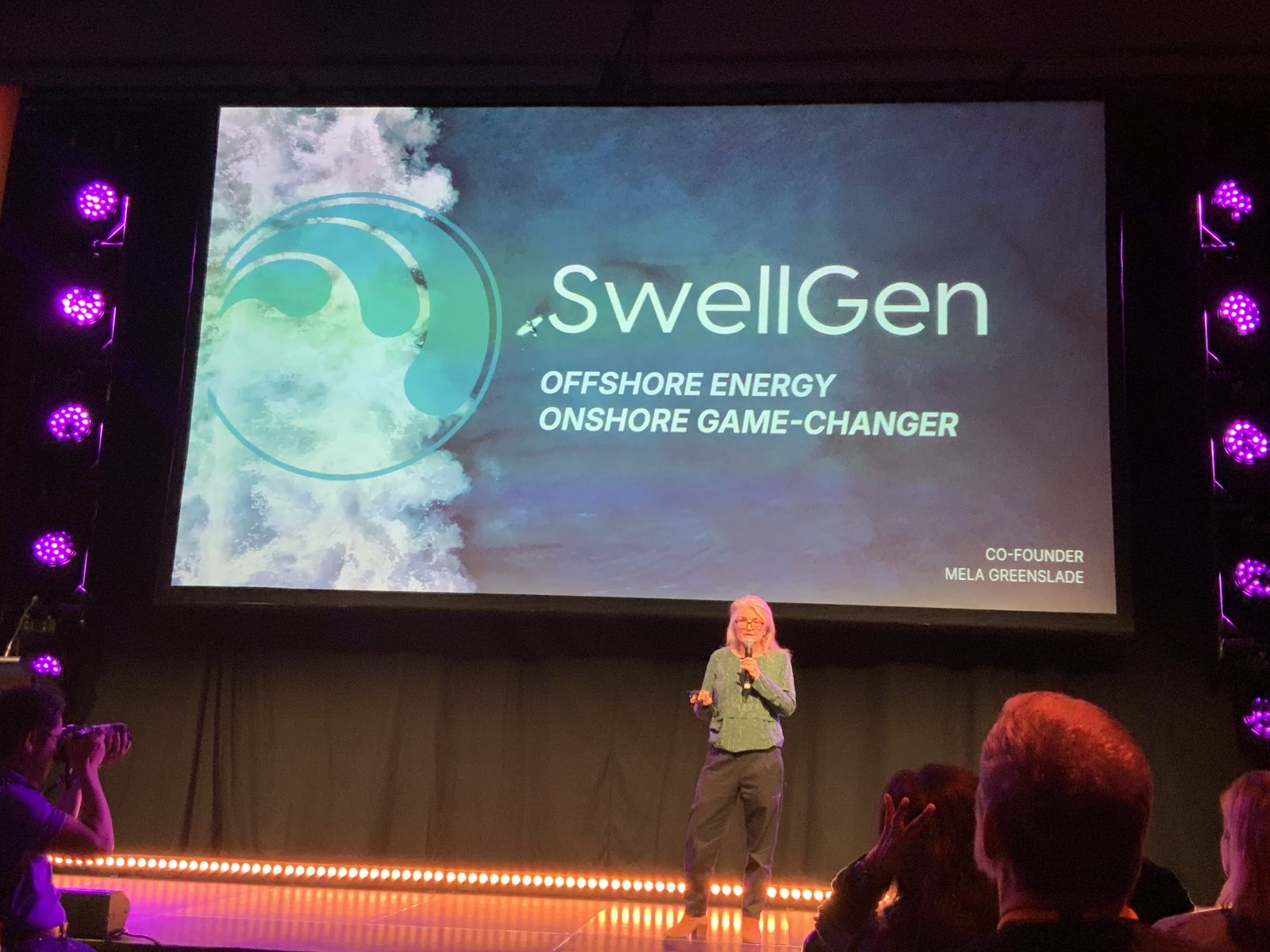The panel bracketed the Aurora Climate Lab founder showcases — the companies these investors were sizing up, here SwellGen's offshore-energy pitch.