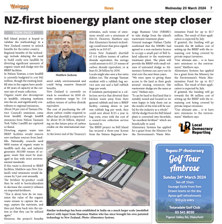 Waimea Weekly front-page report, 20 March 2024: “NZ-first bioenergy plant one step closer”, covering the Bell Island proposal