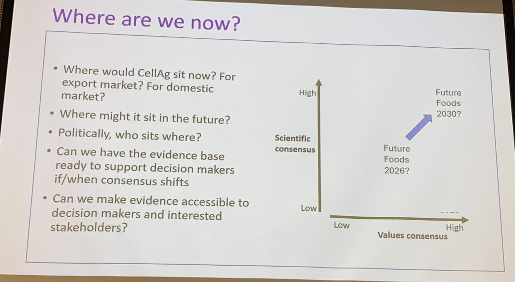 Where does cellular agriculture sit now, and where might it sit in 2030? The underlying question — can we have the evidence base ready before consensus shifts — is the one every clean-tech company should be asking. Slide: Dame Juliet Gerrard.