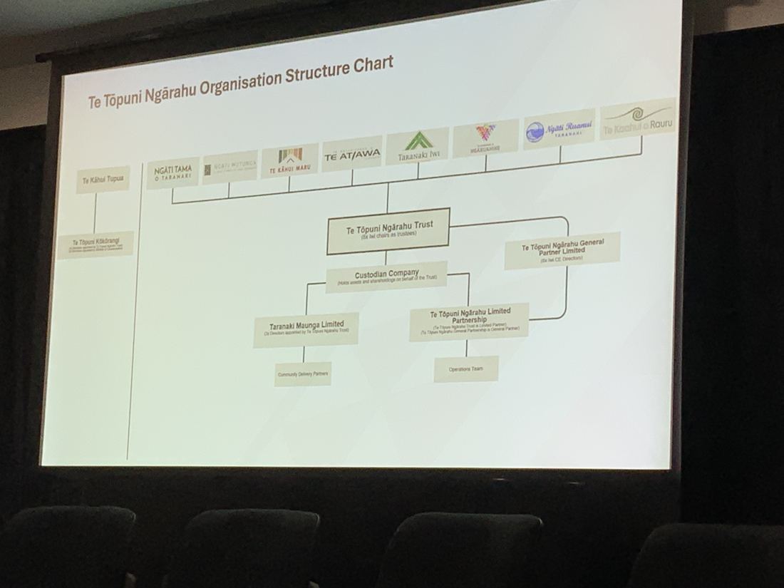 Te Topuni Ngarahu organisation structure chart showing the eight iwi of Taranaki and the trust structure beneath them